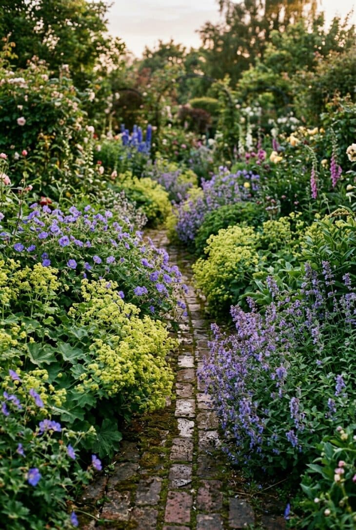 Narrow brick path half swallowed by lady's mantle and hardy geraniums flopping over both edges