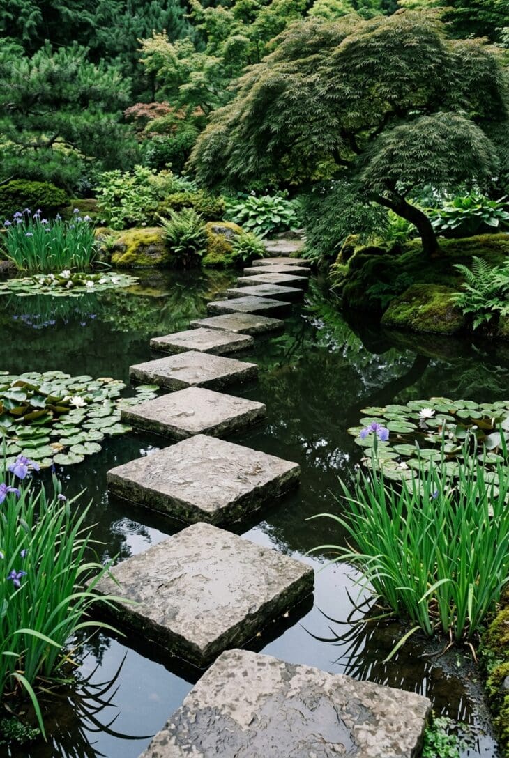 Flat stone slabs crossing a still dark pool with water lilies and a Japanese maple overhead