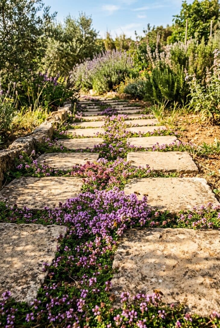 Stone pavers with purple flowering creeping thyme filling the joints and bees feeding