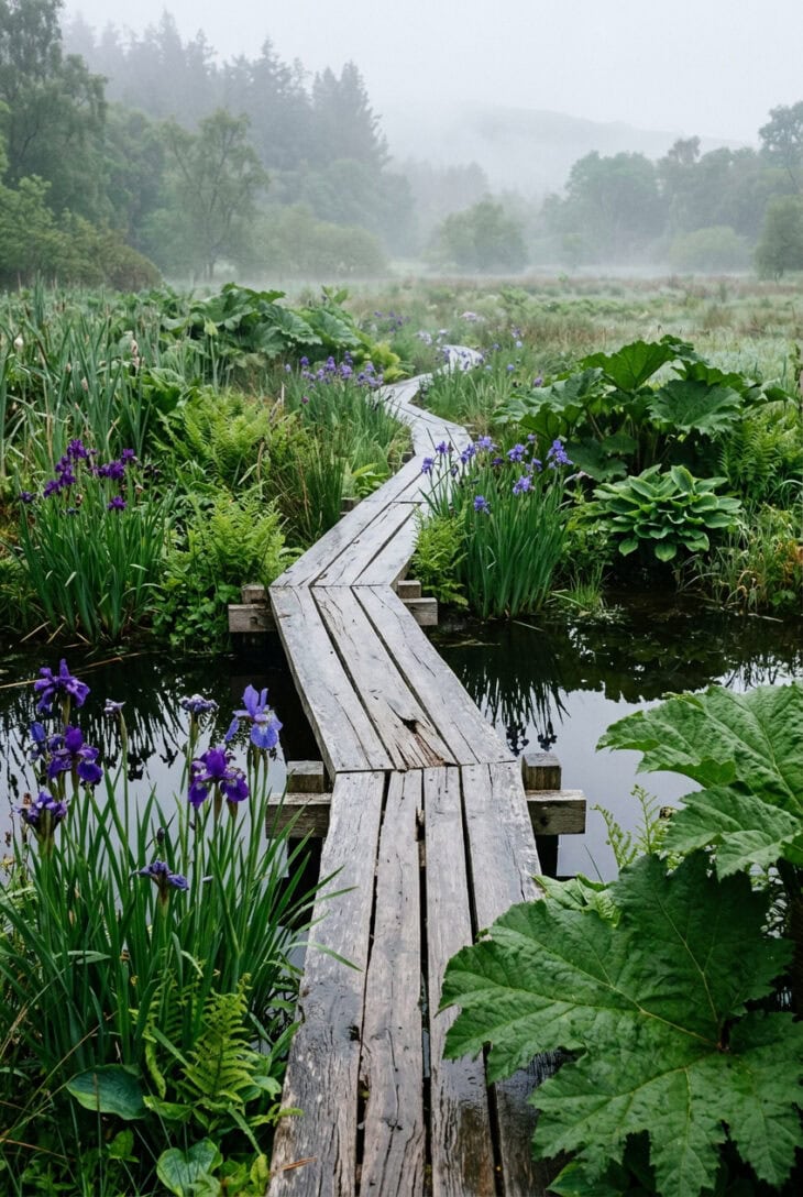 Low weathered timber boardwalk crossing boggy ground planted with irises and rushes