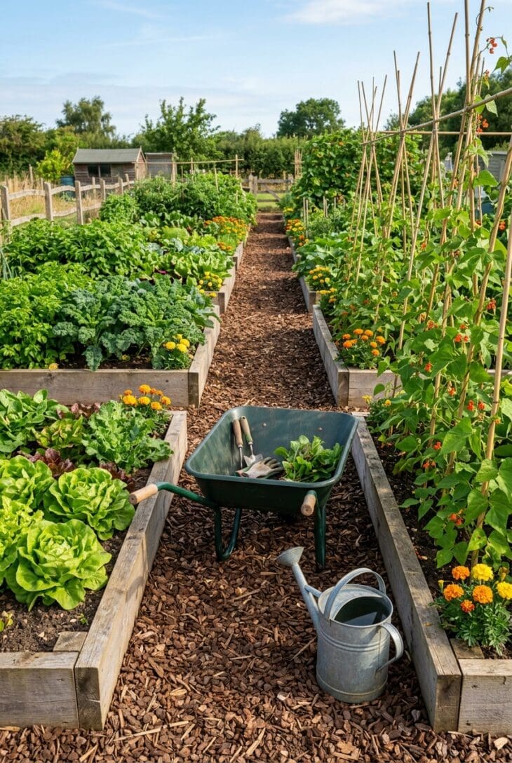 Wide bark chip paths running between timber raised vegetable beds of lettuce and beans