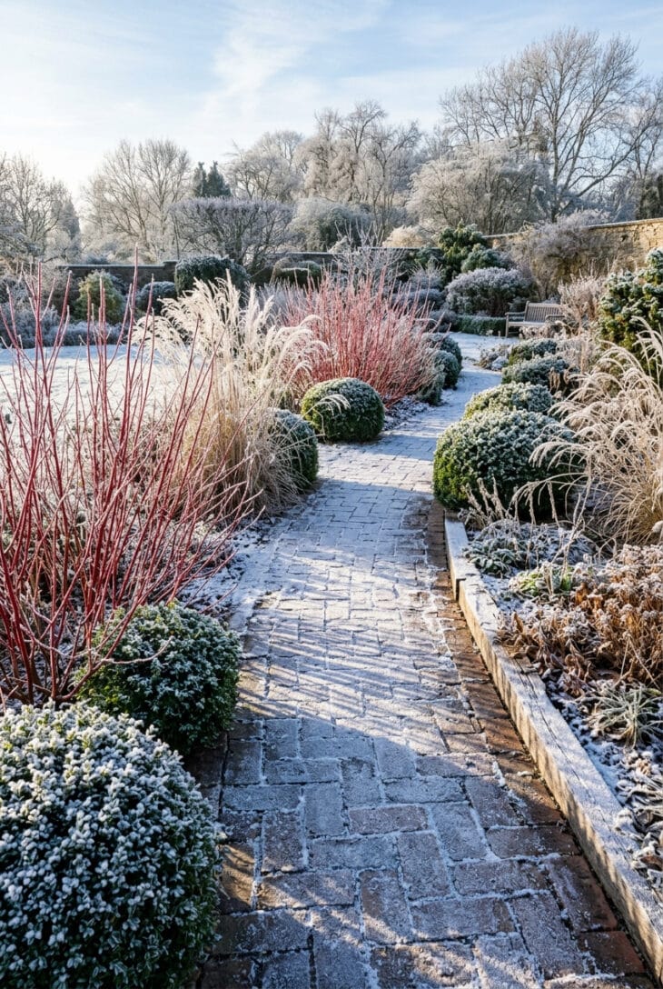 Frosted brick path in winter running between clipped evergreens and red dogwood stems