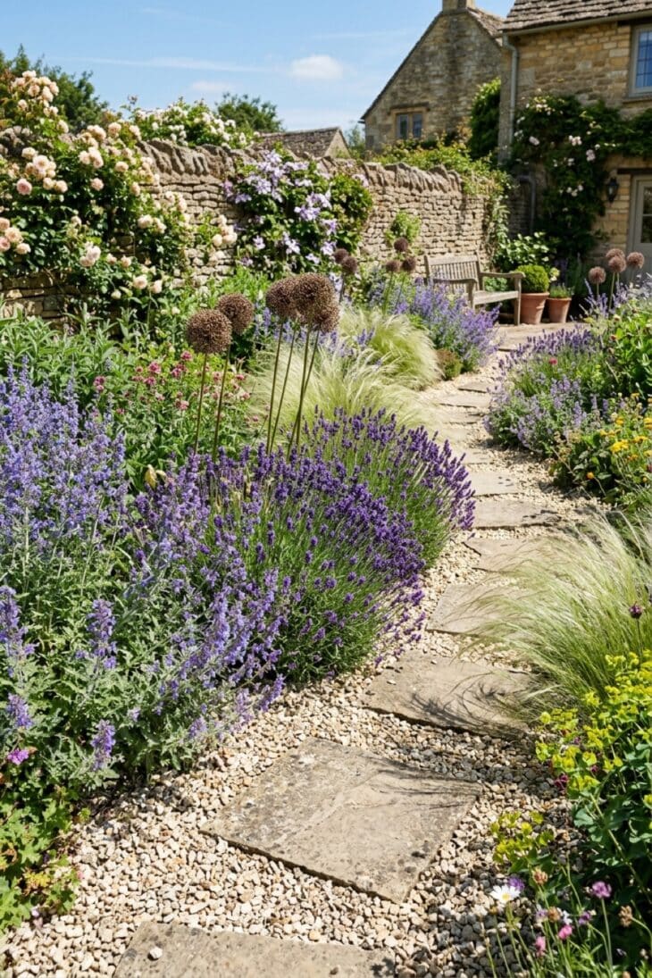 Gravel garden of lavender and grasses with allium seedheads in pale gravel