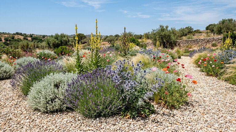 Sun-baked gravel garden with lavender, sea holly, verbascum spires and airy grasses