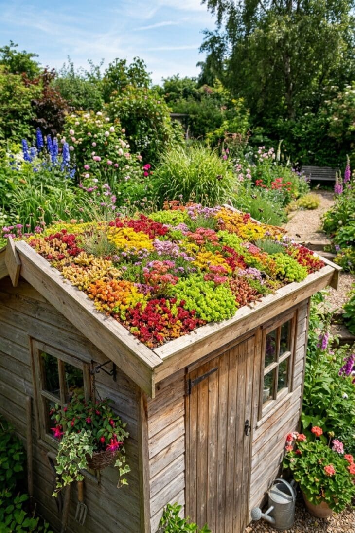 Garden shed roof carpeted in flowering red and gold sedum