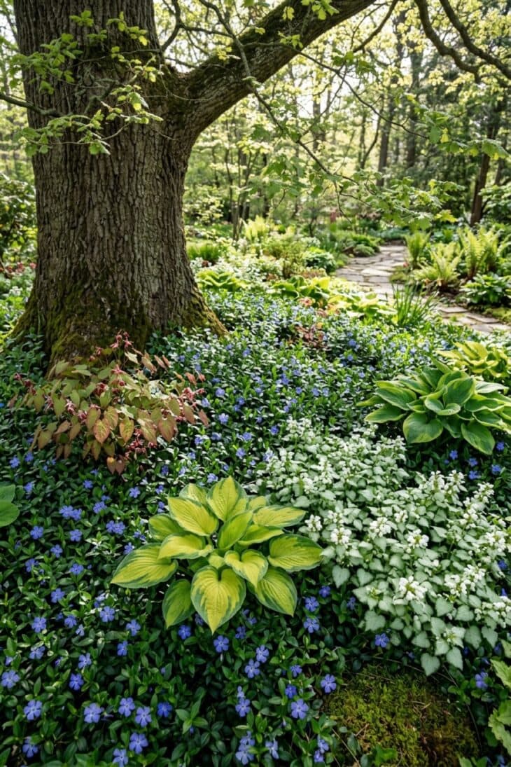 Vinca minor ground cover carpeting bare soil beneath a large tree