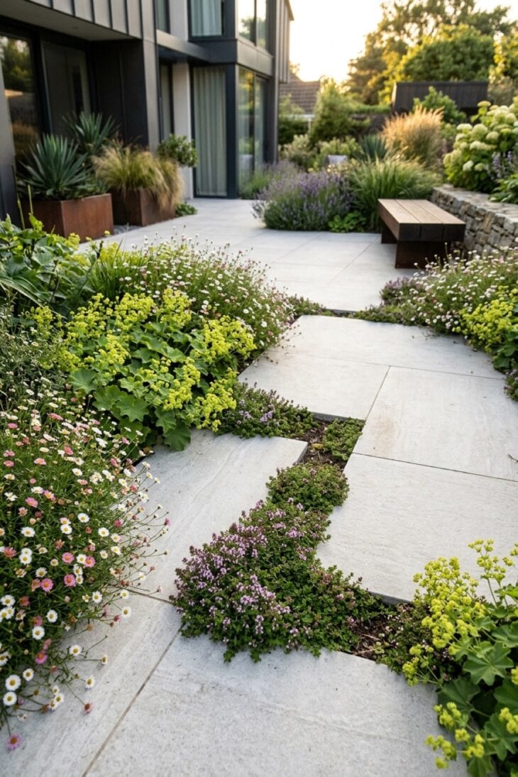 Pale porcelain paving with fleabane flowering in the planted gaps