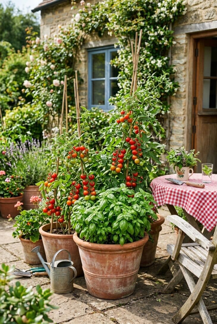 Basil and tomato pots on a sunny cottage patio