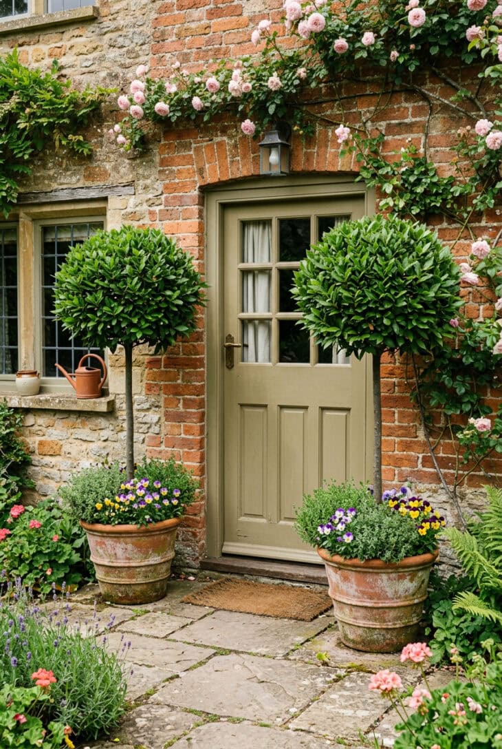 Pair of clipped bay trees by a cottage kitchen door
