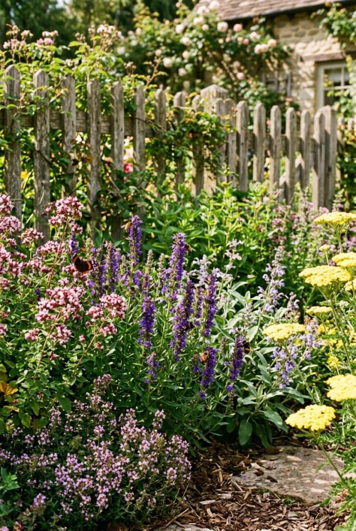 Bee-friendly herb bed with hyssop and flowering oregano