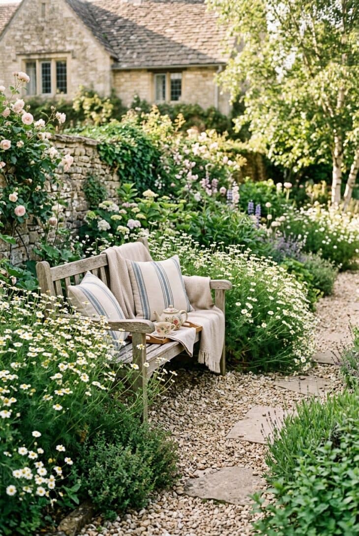 Chamomile planted around a cottage garden bench