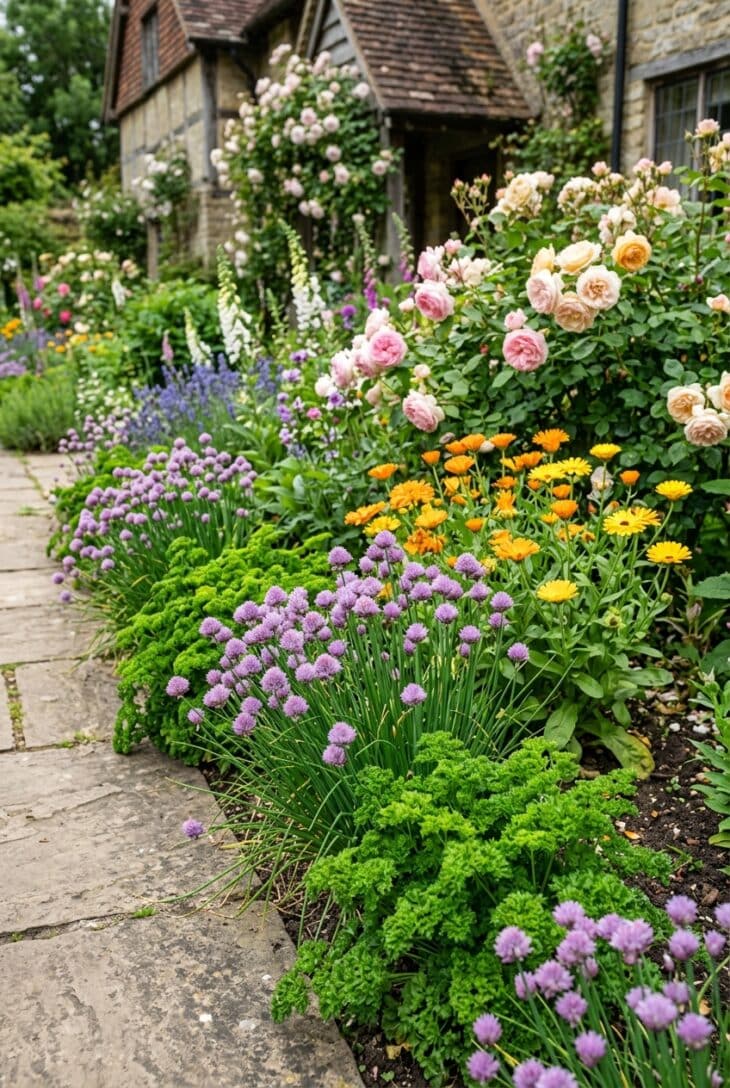 Chive and parsley edging along a cottage flower bed