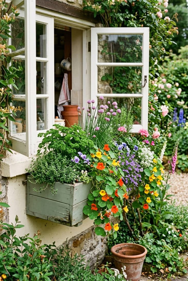 Cottage window box planted with herbs and nasturtiums