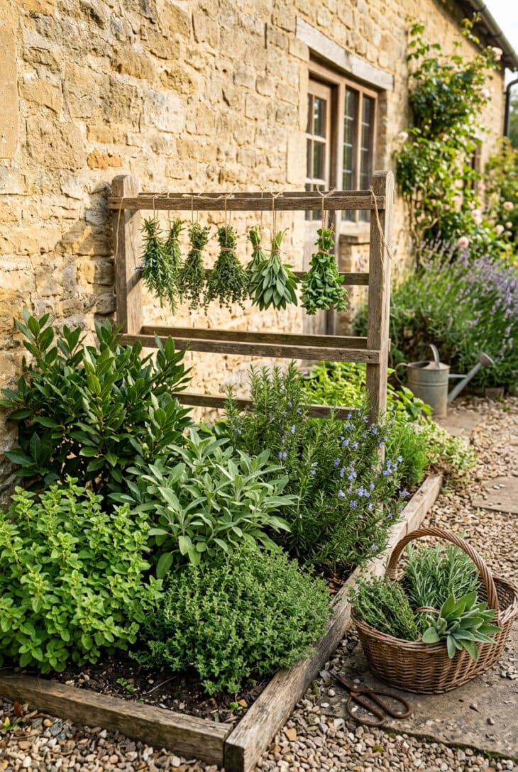Herb patch with drying rack and harvest bundles