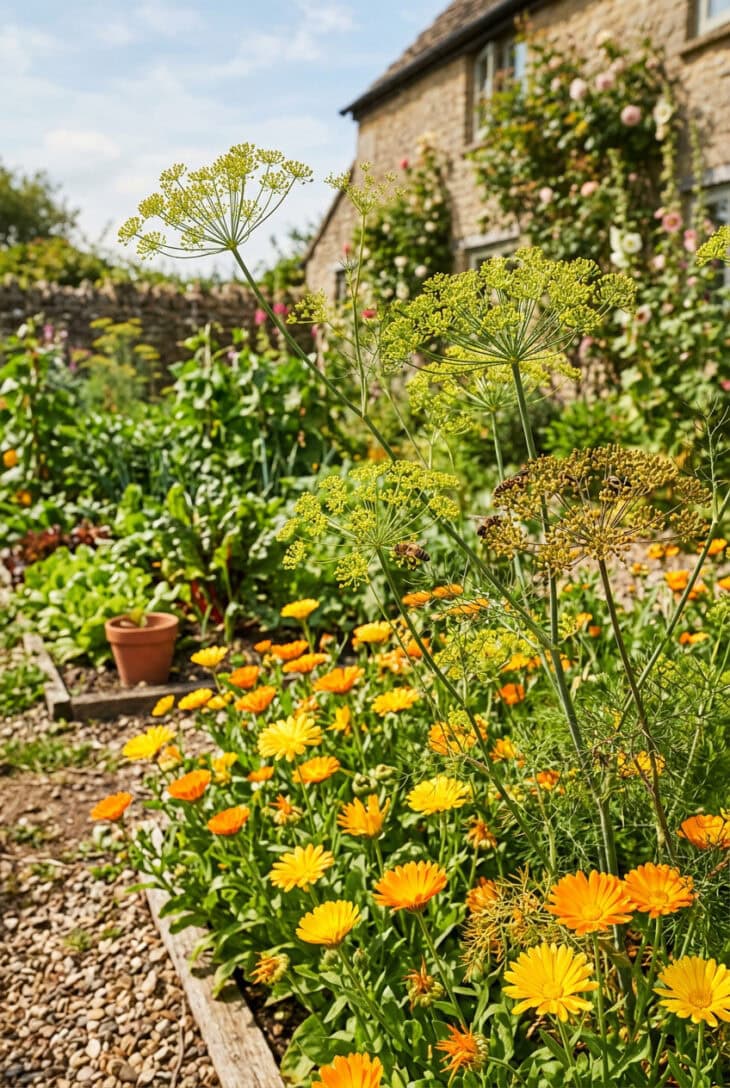 Dill fennel and calendula strip for pollinators