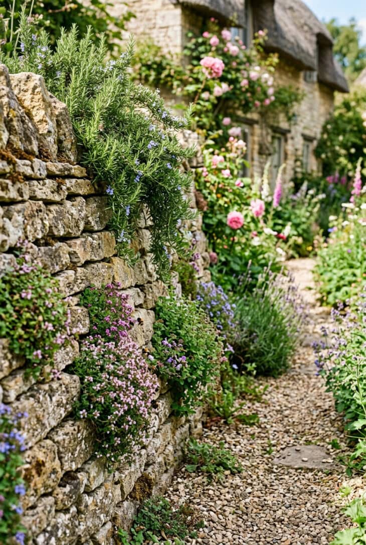 Dry stone wall planted with thyme and oregano pockets