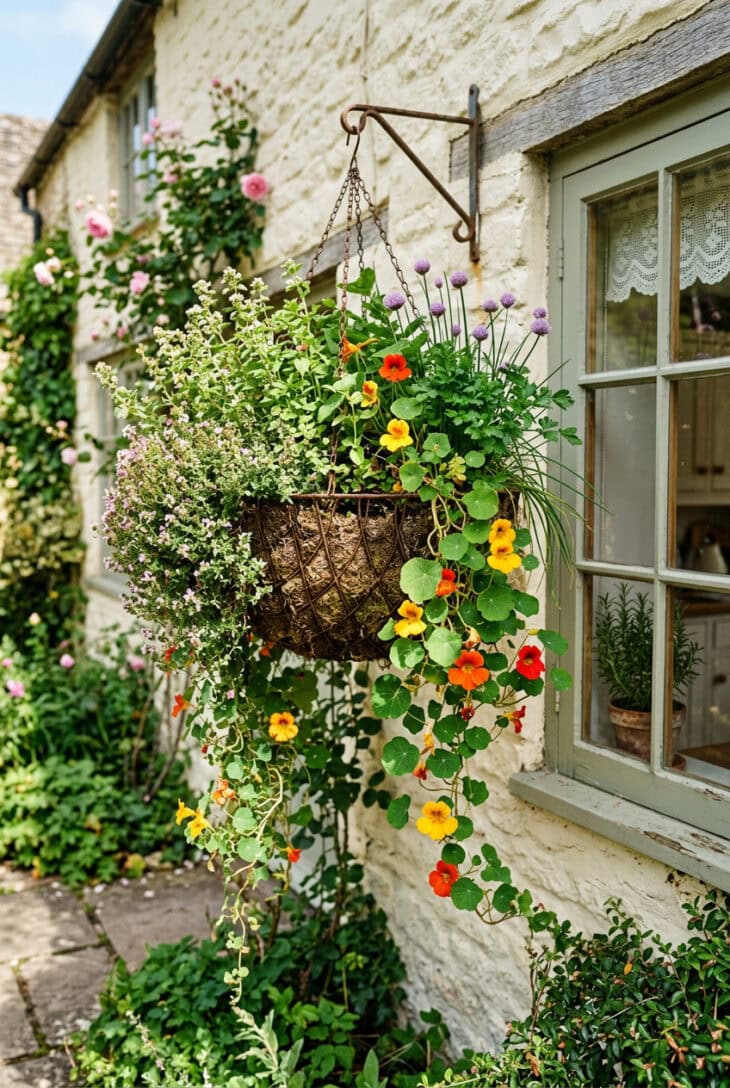 Hanging basket filled with herbs and edible flowers