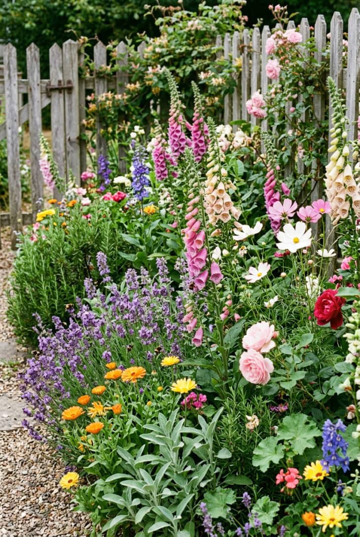 Cottage border mixing herbs and flowers