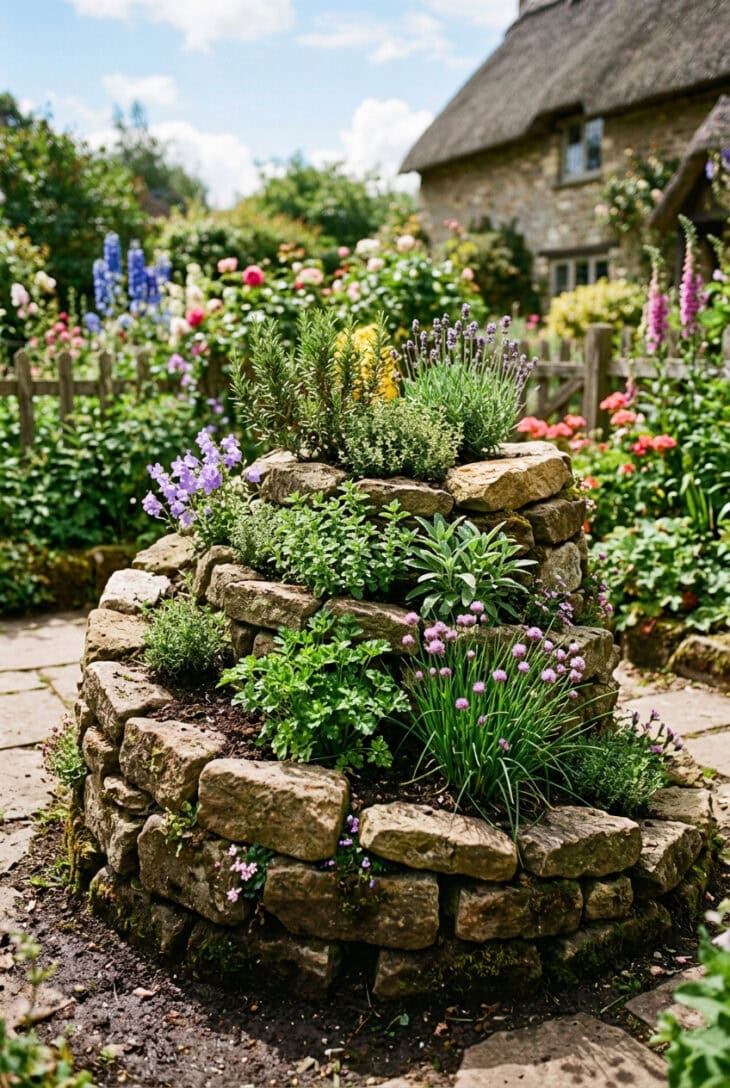 Stone herb spiral planted with culinary herbs