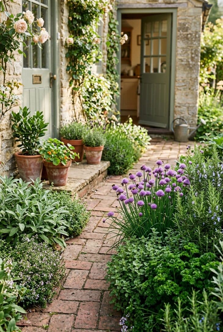 Kitchen-door cottage herb border beside a brick path