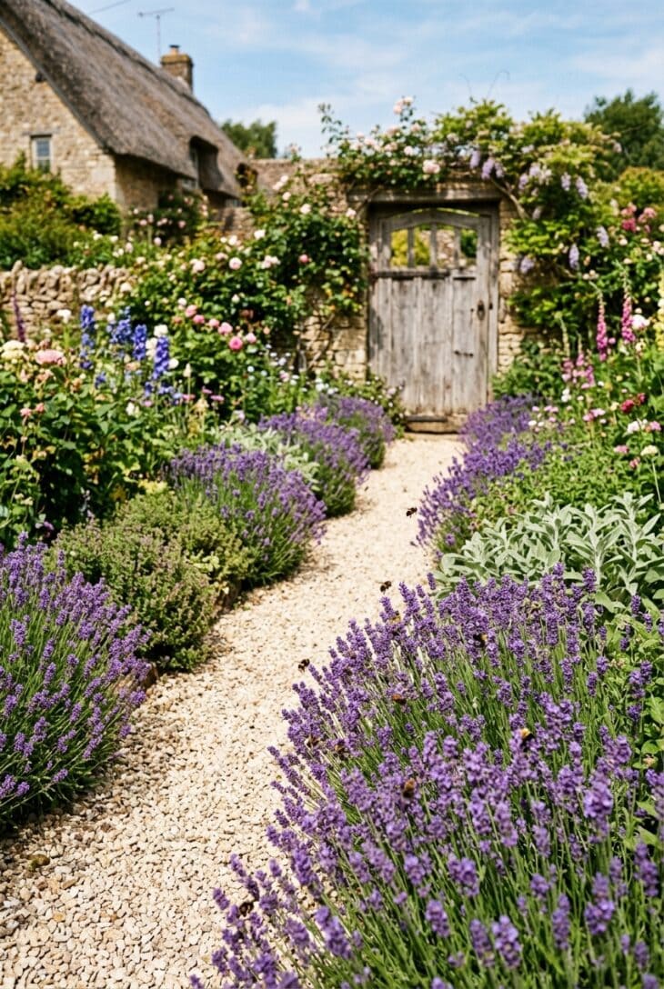 Lavender-lined herb path in a sunny cottage garden
