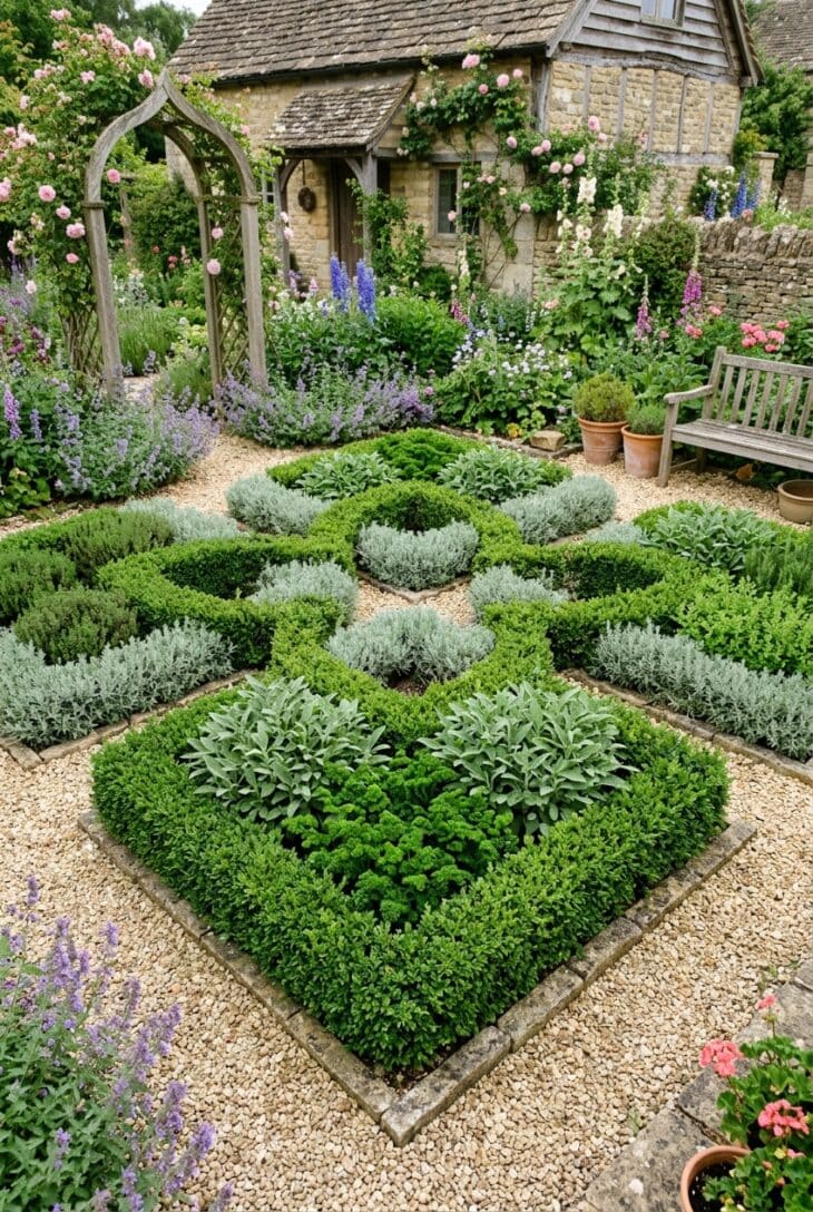 Mini herb knot garden with clipped low hedges