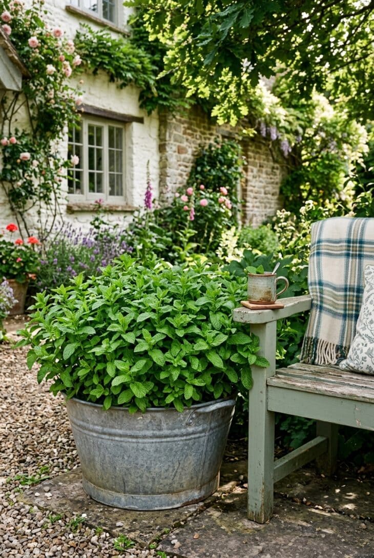 Large tub of mint growing beside a cottage bench