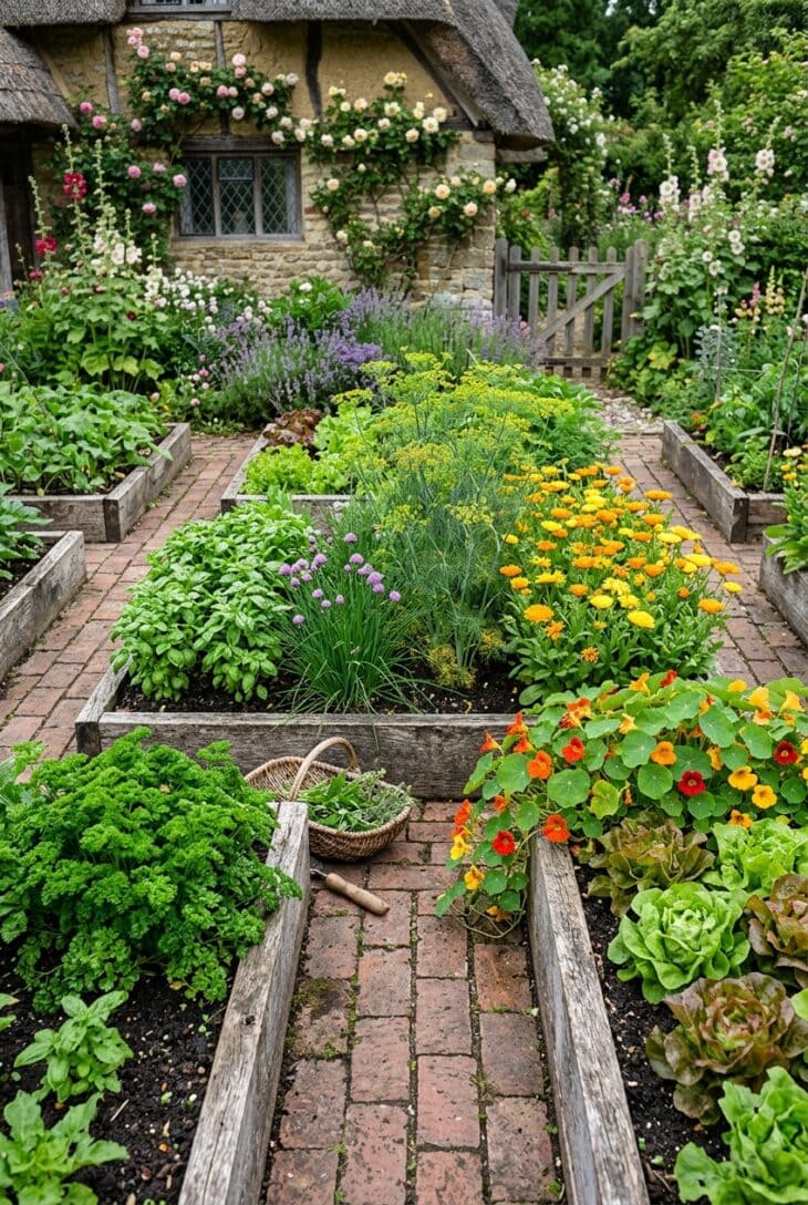 Raised herb potager with herbs and edible flowers
