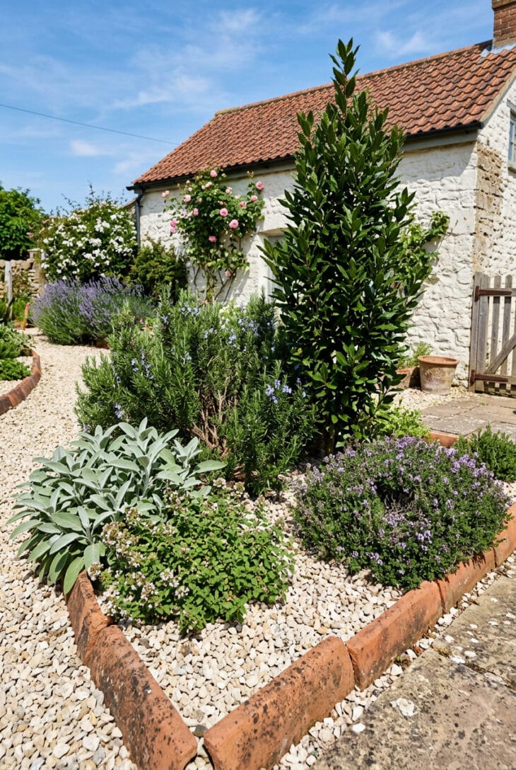 Rosemary and sage herb bed mulched with gravel