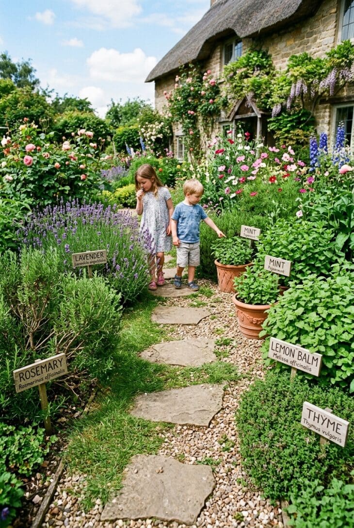 Child-friendly scented herb trail along stepping stones