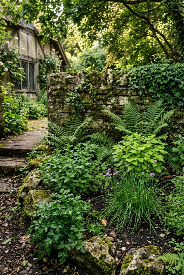 Shady corner planted with parsley mint and chives