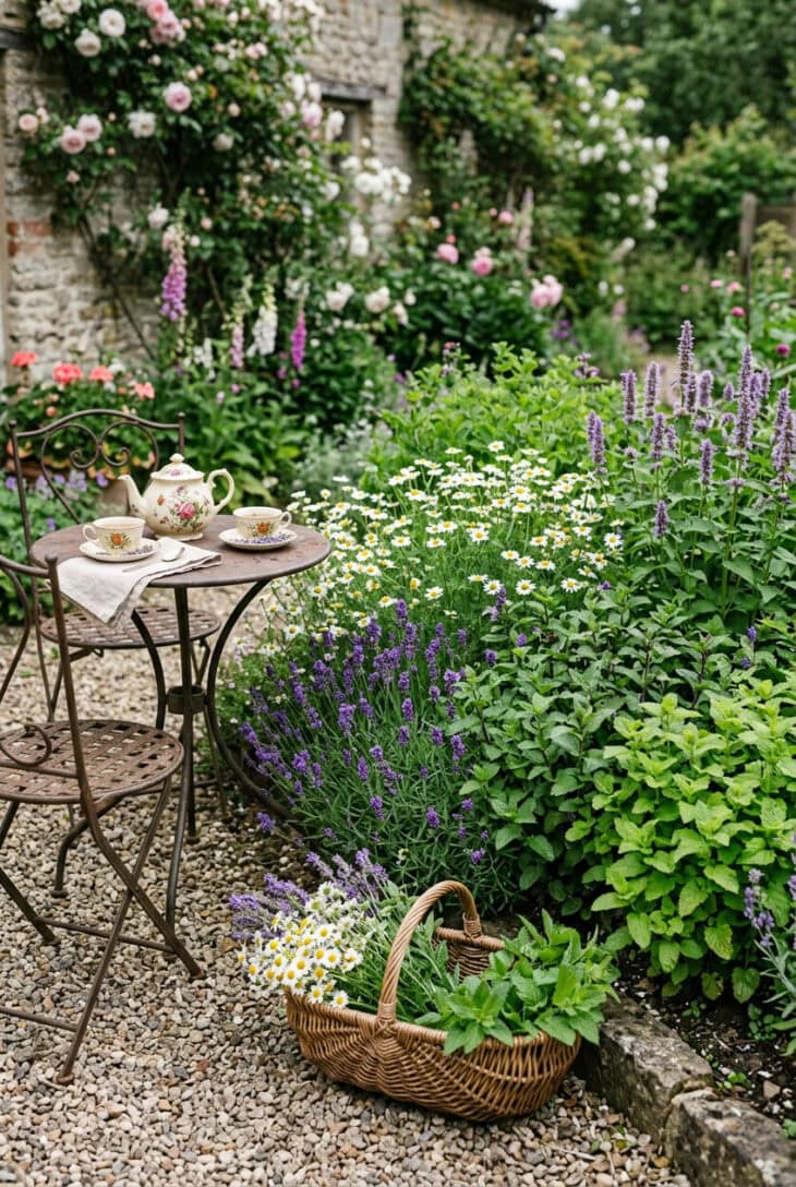 Tea herb bed with chamomile mint lavender and hyssop