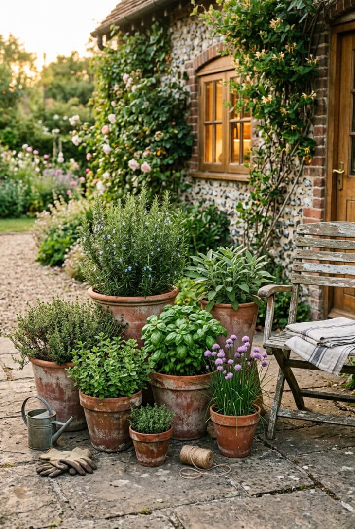 Cluster of terracotta pots planted with cottage herbs