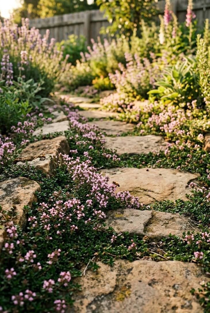 Creeping thyme growing between cottage stepping stones