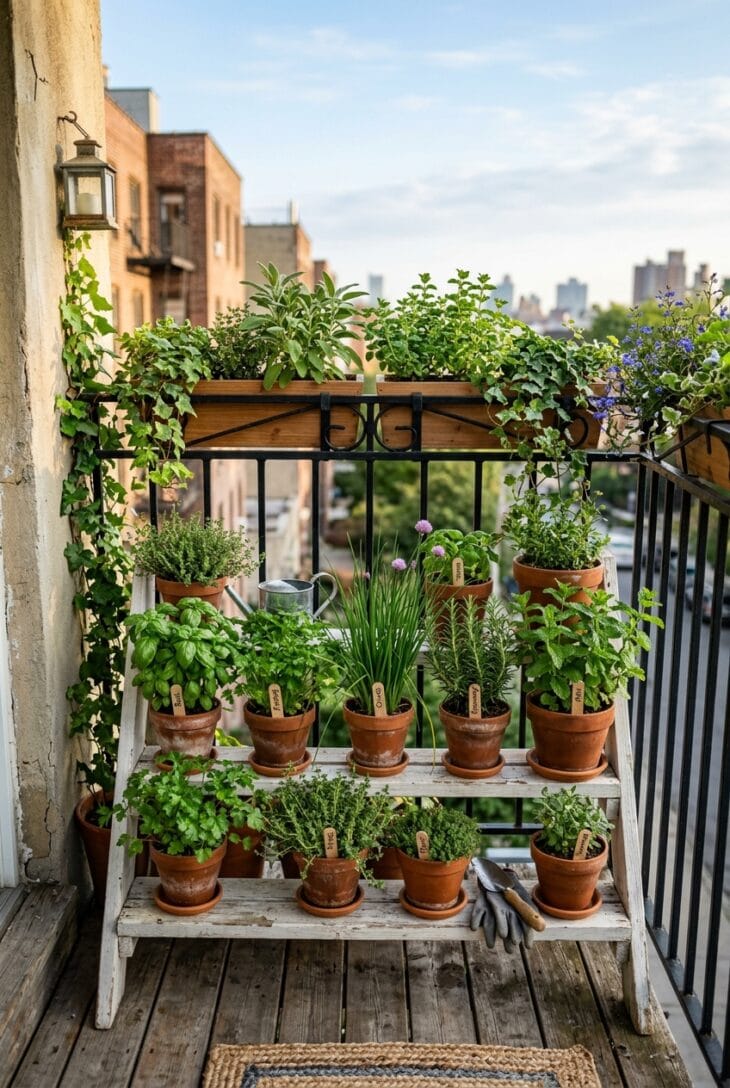 Tiny balcony herb shelf with terracotta pots