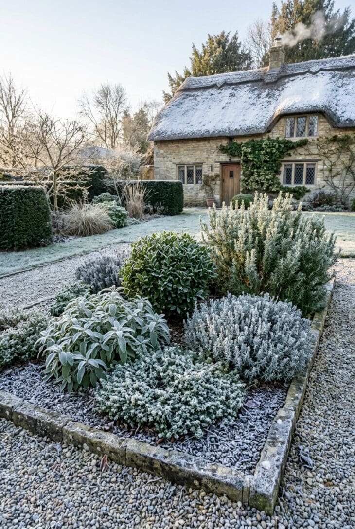 Winter evergreen herb bed with rosemary bay sage and thyme