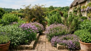 Herb garden of sage, flowering chives, thyme and rosemary around a small brick path