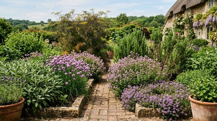 Herb garden of sage, flowering chives, thyme and rosemary around a small brick path