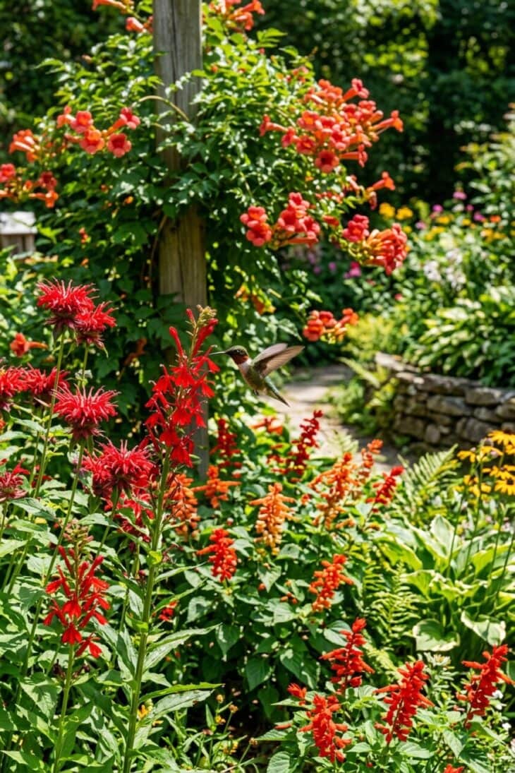 Hummingbird feeding at scarlet cardinal flower and red bee balm