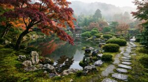 Japanese garden with a red maple over a still pond, moss ground, weathered rocks and a stone lantern