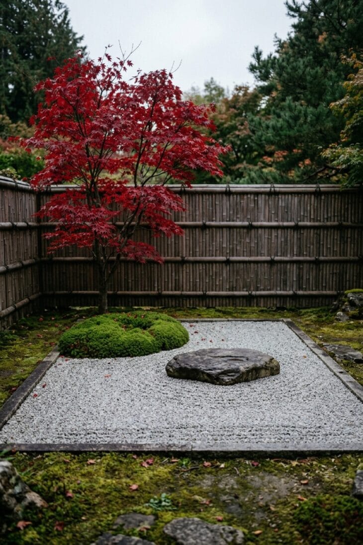 Japanese maple in autumn red above raked gravel and a mossy mound