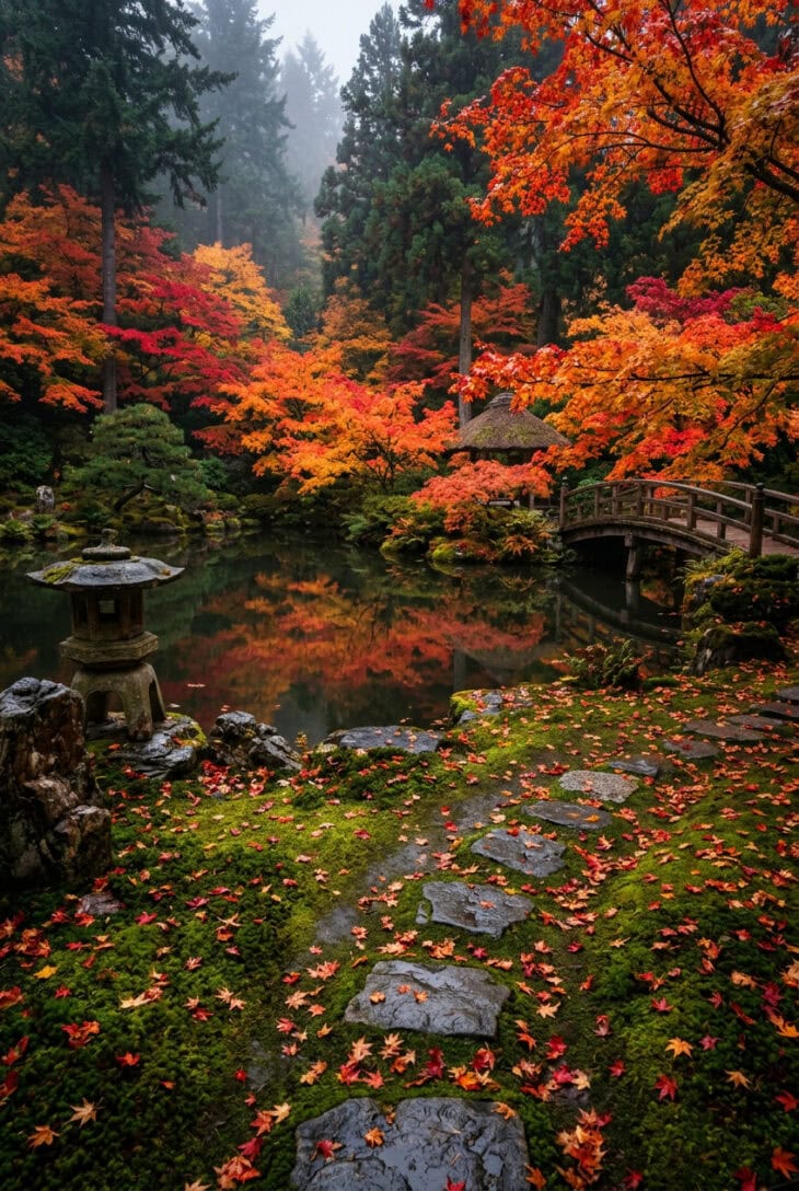 Maples in scarlet and gold reflected in a dark pond with fallen leaves on moss and stone