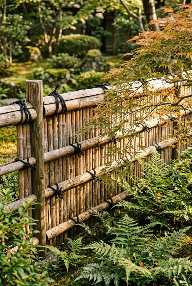 Traditional bamboo fence of split poles bound with black twine, weathered honey and grey