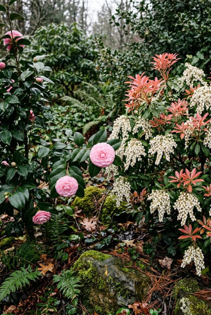 Glossy camellia with pink flowers beside a pieris in white bell flower with red new growth