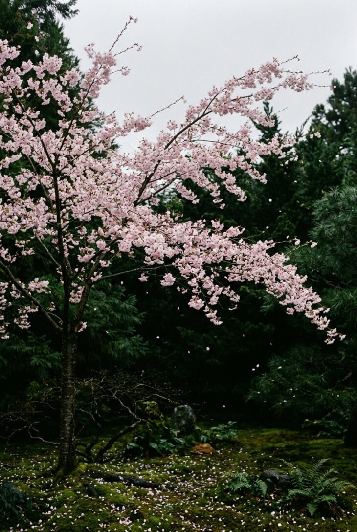 Japanese flowering cherry in pale pink blossom against dark evergreens with petals on the moss