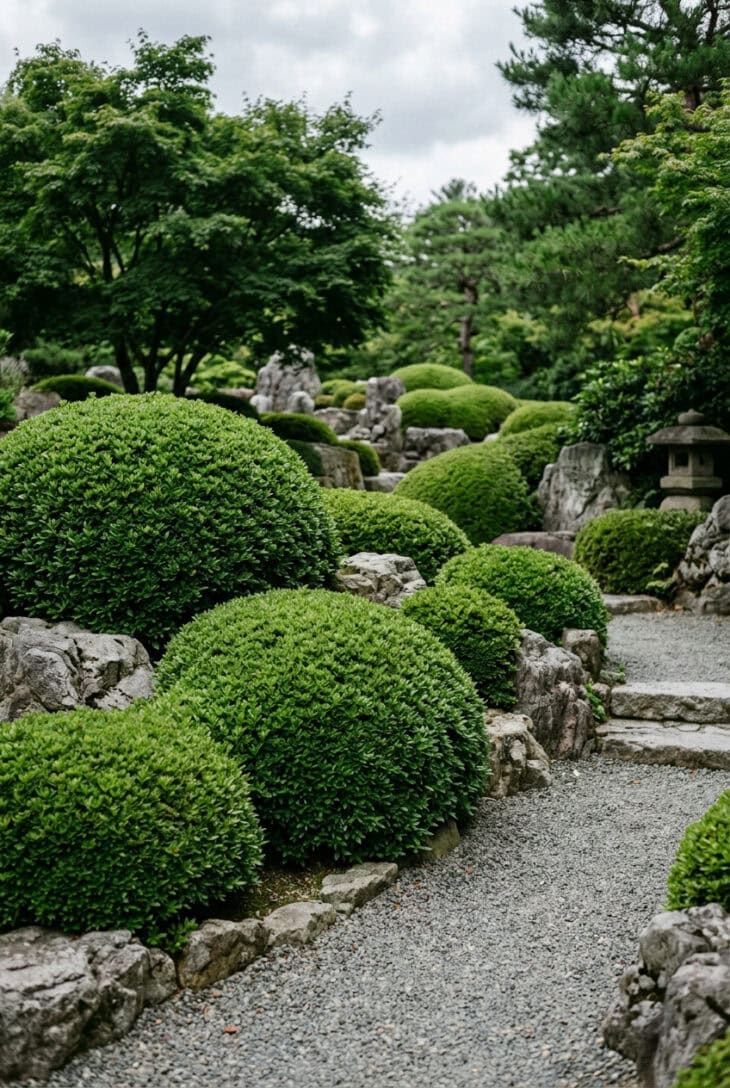 Evergreen azaleas clipped into smooth rounded green mounds flowing together among grey rocks