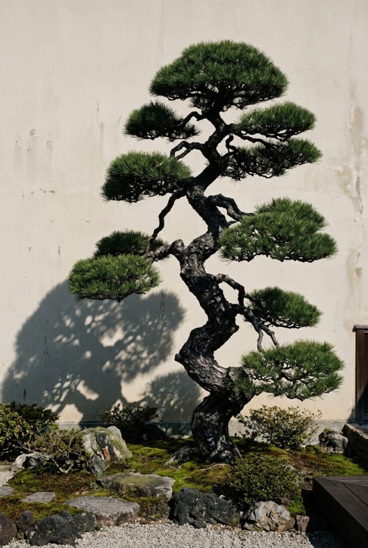 Cloud-pruned black pine with a twisting trunk and separated pads of dark needles against a pale wall