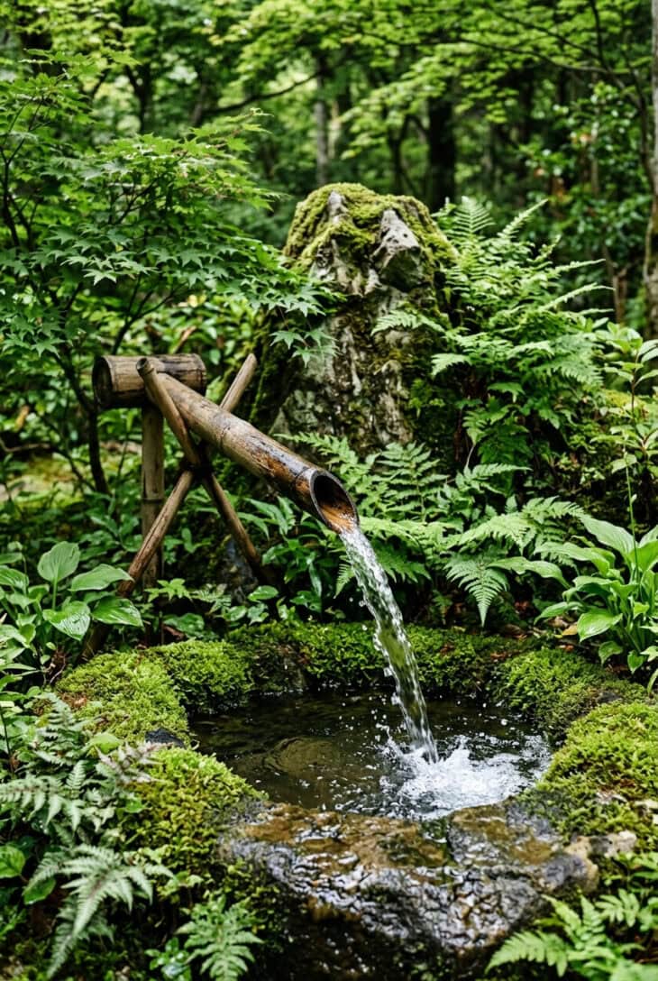 Bamboo deer scarer tipping and spilling water in an arc onto a stone beside a mossy pool