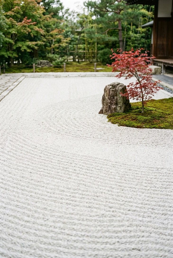 Large empty area of raked gravel with a single rock and small maple placed to one side
