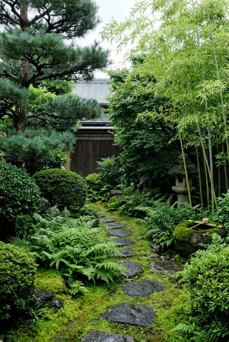Garden planted only in shades of green: clipped evergreens, ferns, moss, pine and bamboo
